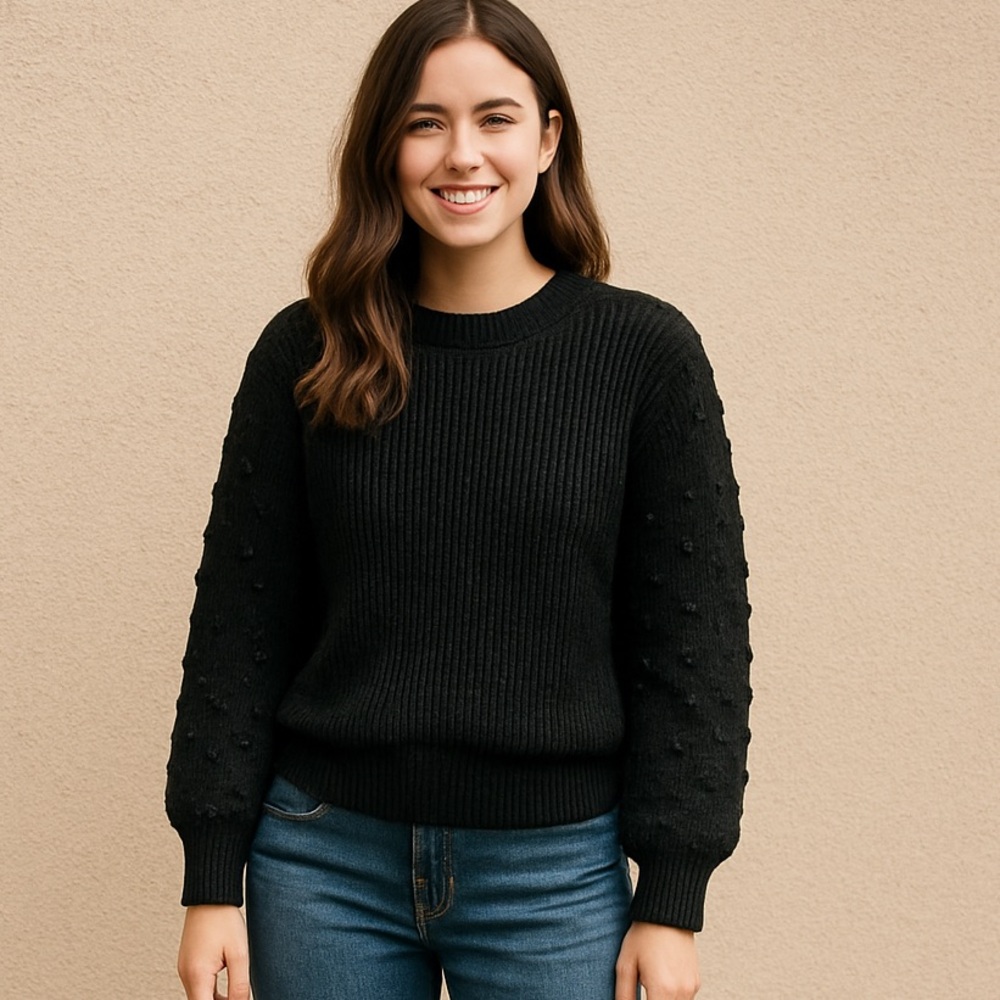 CeCe Woman’s Black Textured Crewneck Sweater